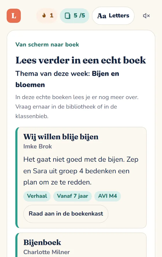 Scherm Lees verder in een echt boek met boekentips bij het thema Bijen en bloemen