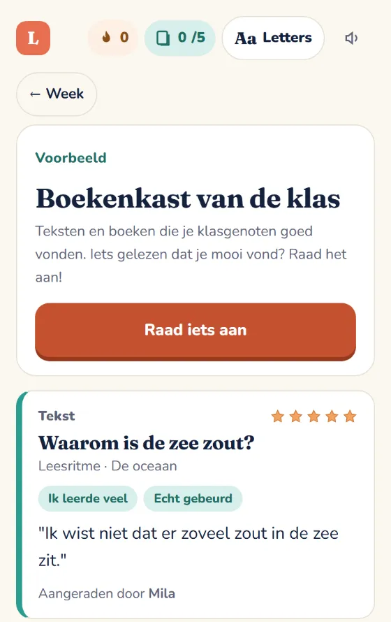 Boekenkast van de klas met een knop Raad iets aan en aanraders van klasgenoten