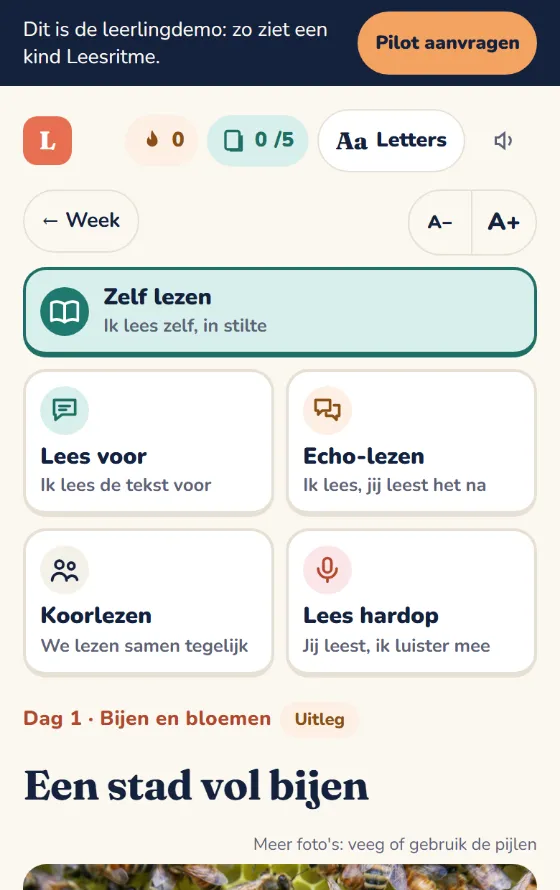 Keuzescherm met vijf manieren van lezen: zelf lezen, lees voor, echo-lezen, koorlezen en lees hardop